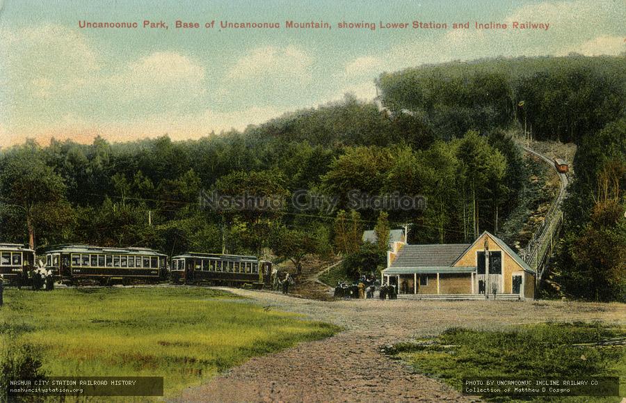 Postcard: Uncanoonuc Park, Base of Uncanoonuc Mountain, showing Lower Station and Incline Railway